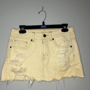 American Eagle Distressed Denim Mini Micro Skirt Size 6 Cream Vintage Y2K Cotton